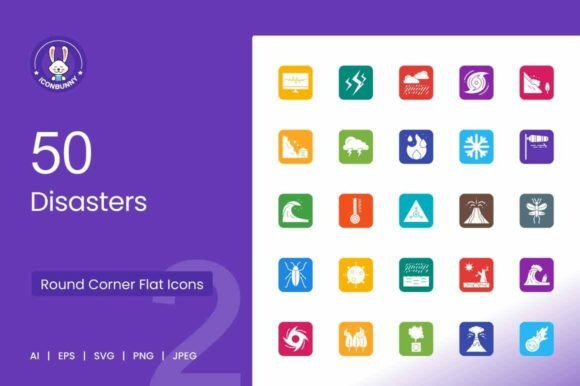 50 Disasters Filled Round Corner Icons Graphics for Crafts