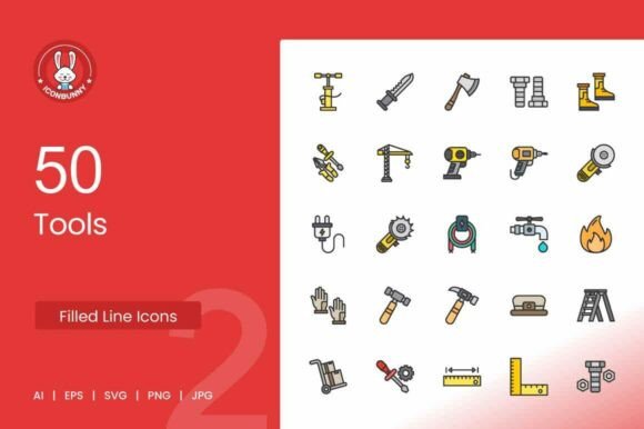 50 Tools Filled Line Icons for Modern Graphics