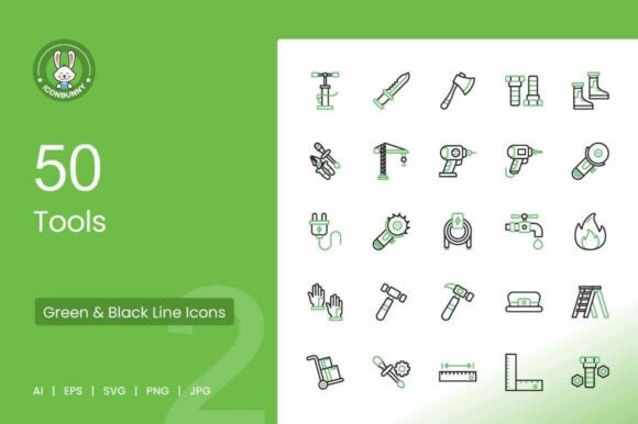 50 Tools Green Black Icons for Modern Graphics