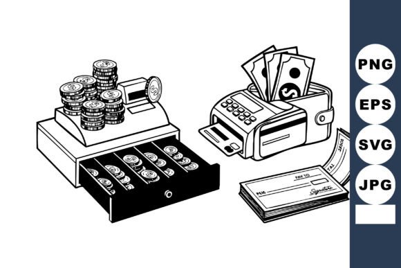 Cash Register Wallet Checks Line Art for Graphics and Crafts
