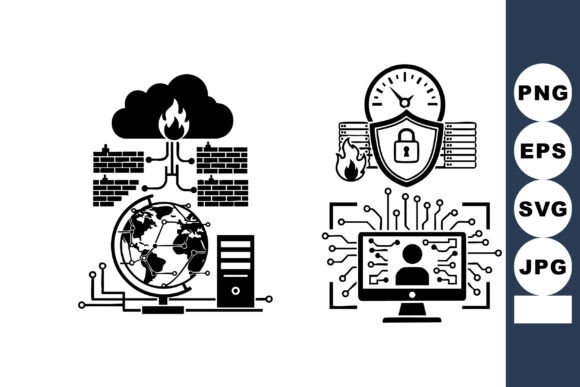 Monochrome Cybersecurity Icons: Graphics for Crafts