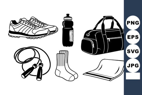 Monochrome Fitness Gear Icon Set: Essential Graphics for Crafts