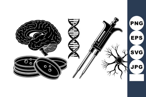 Monochrome Neuroscience Icons for Graphics and Crafts