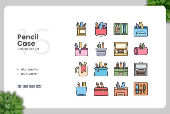 Pencil Case Colored Icons for Modern Graphics and Branding